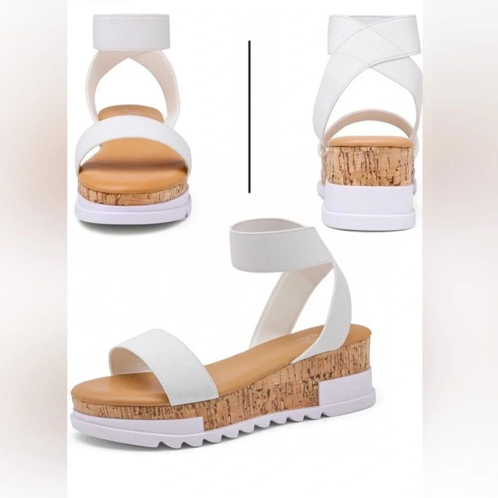 KATLIU WEDGE CORK PLATFORM SANDALS ELASTIC ANKLE STRAP WOMENS WHITE COLOR SIZE 9